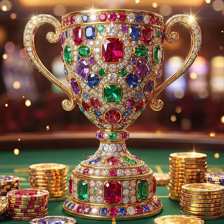 Gold trophy covered in gemstones surrounded by chips at BookySpinz Casino.